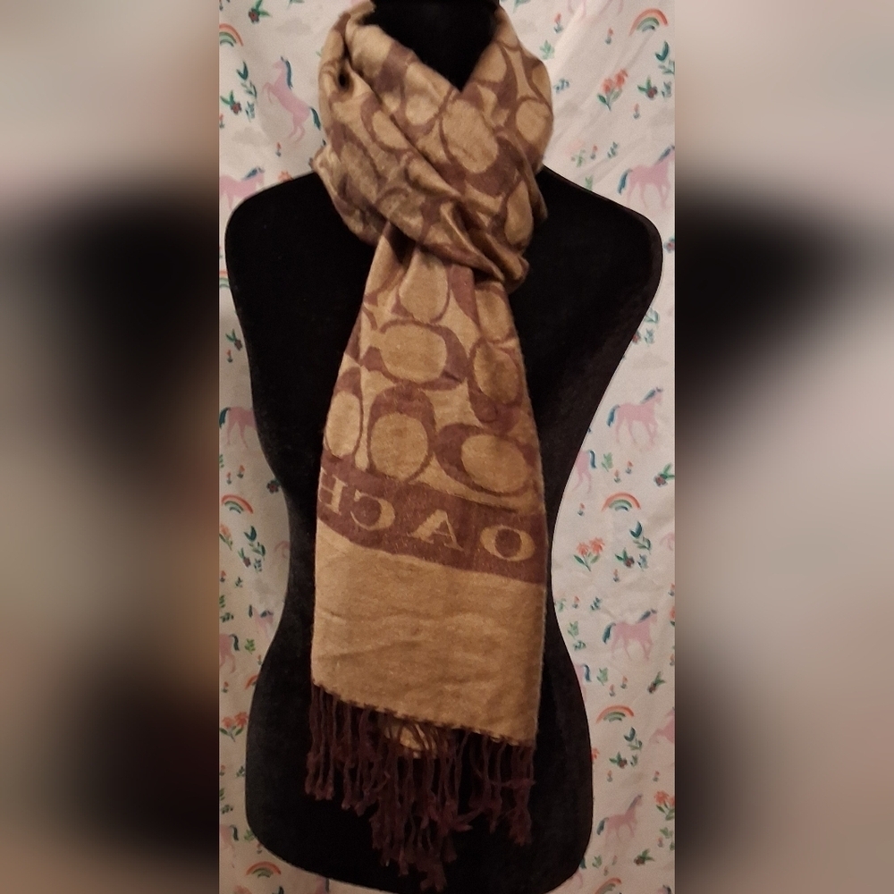 EUC Vintage Y2K Coach Brown & Tan Signature Reversible Merino Wool Scarf Wrap - Picture 2 of 10